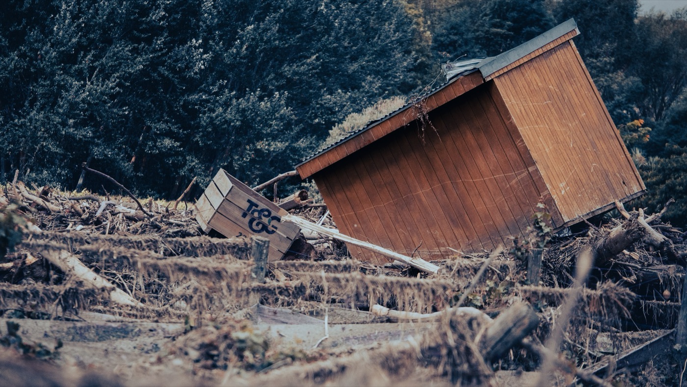 Storm-damaged shed among flattened trees