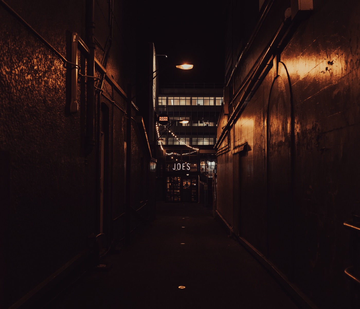 Low-lit interior corridor