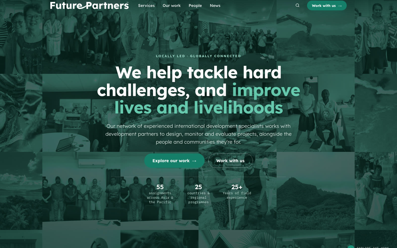 The Future Partners homepage: a mosaic of field photographs behind the headline, with the network's numbers beneath